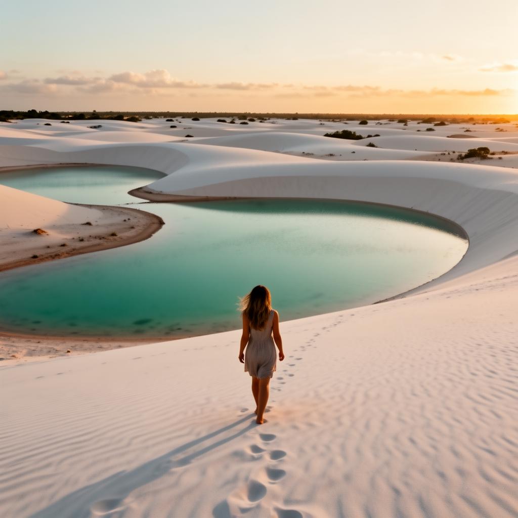 Viajante caminhando entre as lagoas dos Lençóis Maranhenses